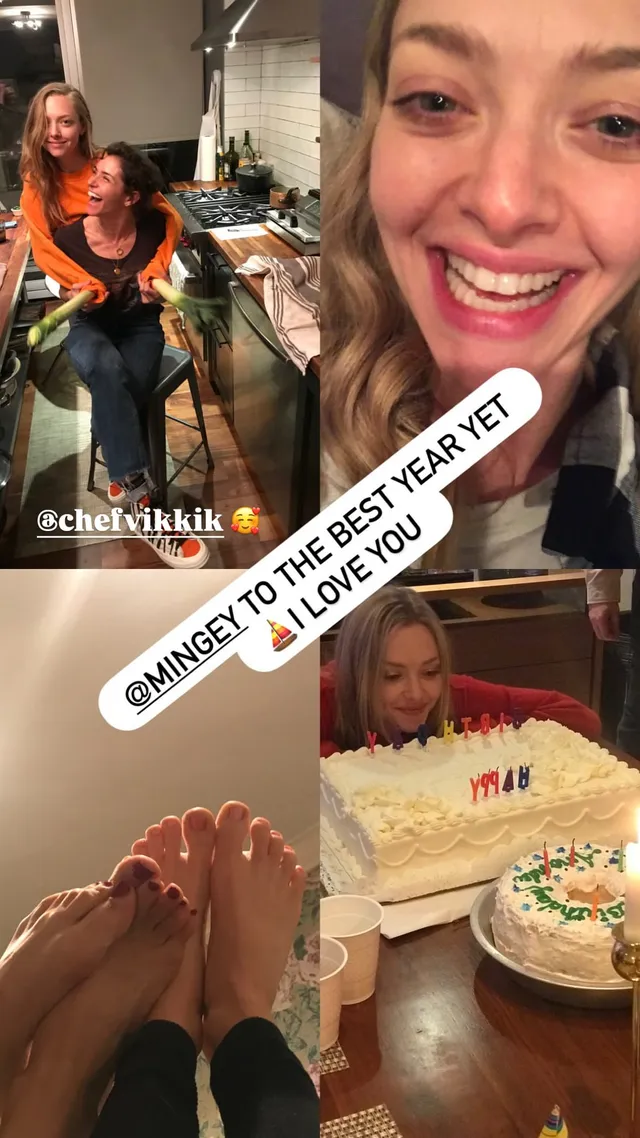 Amanda Seyfried a collage including a close view of her bare feet.