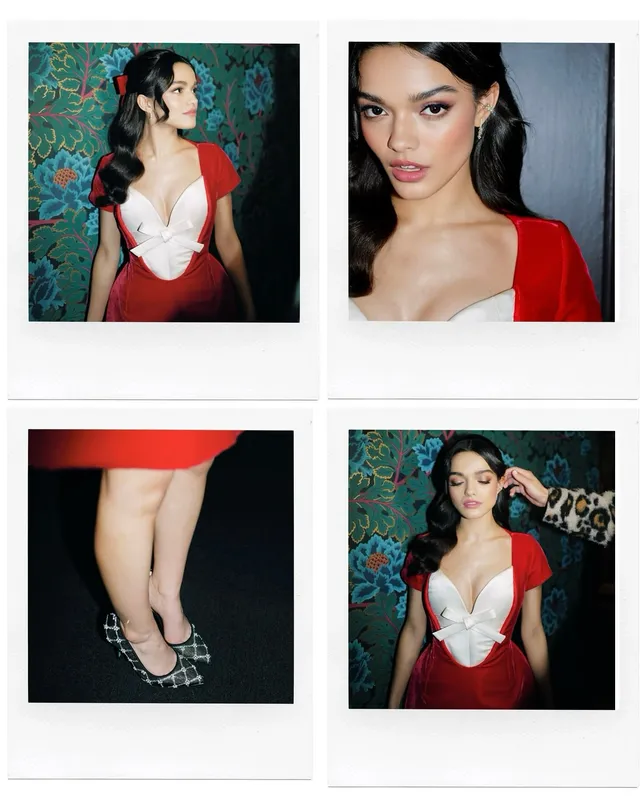 Rachel Zegler wearing a red dress and embellished heels in a photo collage.