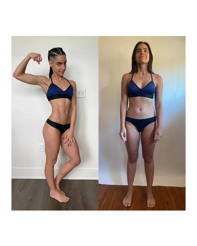 María Gabriela de Faría posing barefoot in exercise clothing with a friend.