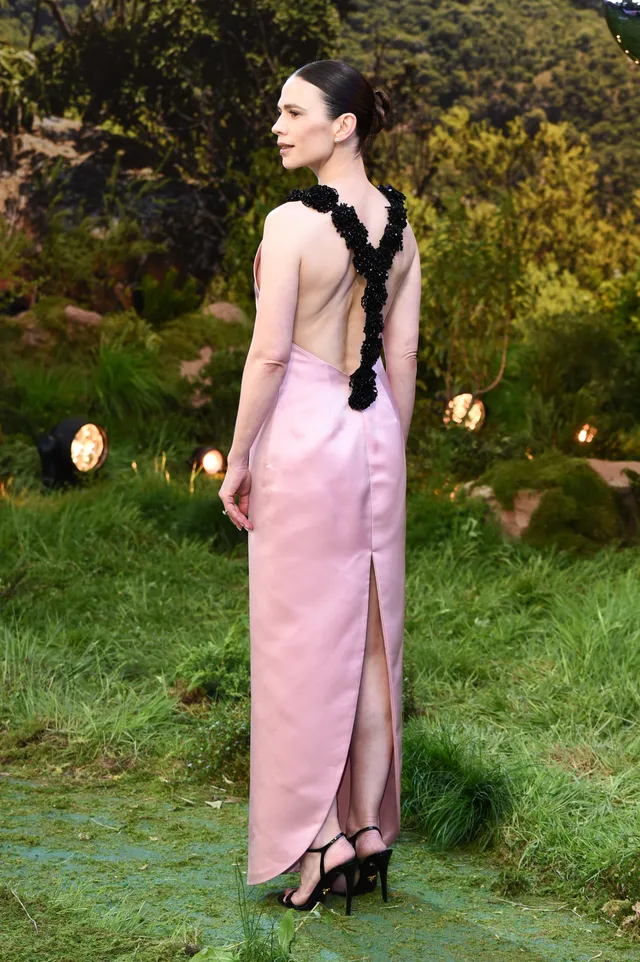 Hayley Atwell turning in a pink gown at an outdoor event.