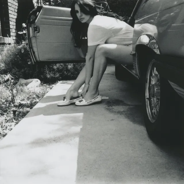 Lana Del Rey sitting beside a car in a monochrome photograph.