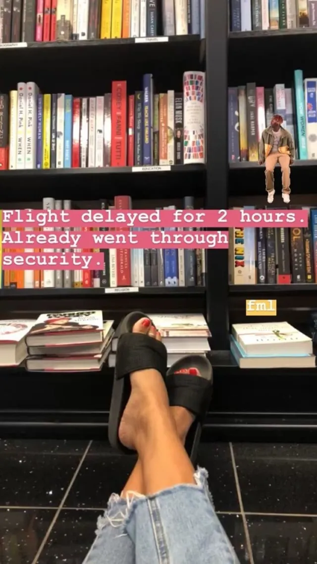 Samantha Logan shown from above wearing jeans and black slides.