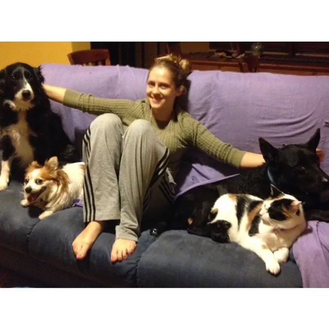 Teresa Palmer sitting on a sofa with several dogs.