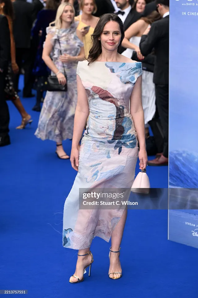 Felicity Jones posing in a pale patterned dress at a premiere.