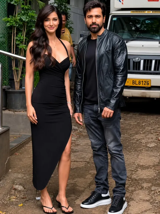 Disha Patani posing beside a companion in black heeled sandals and a long black dress.