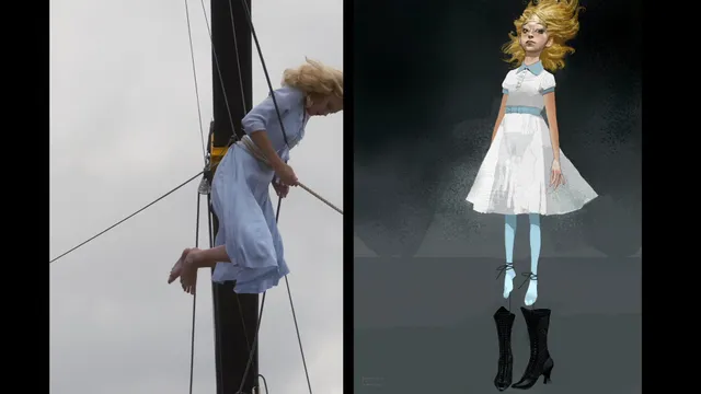 Ella Purnell appearing as a floating character in a split screen image.