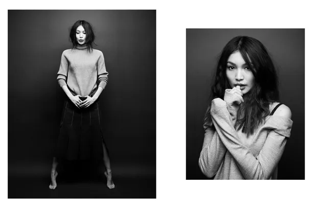 Gemma Chan posing in a pair of monochrome fashion portraits.