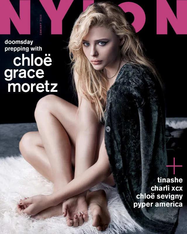 Chloë Grace Moretz posing barefoot on a Nylon magazine cover.