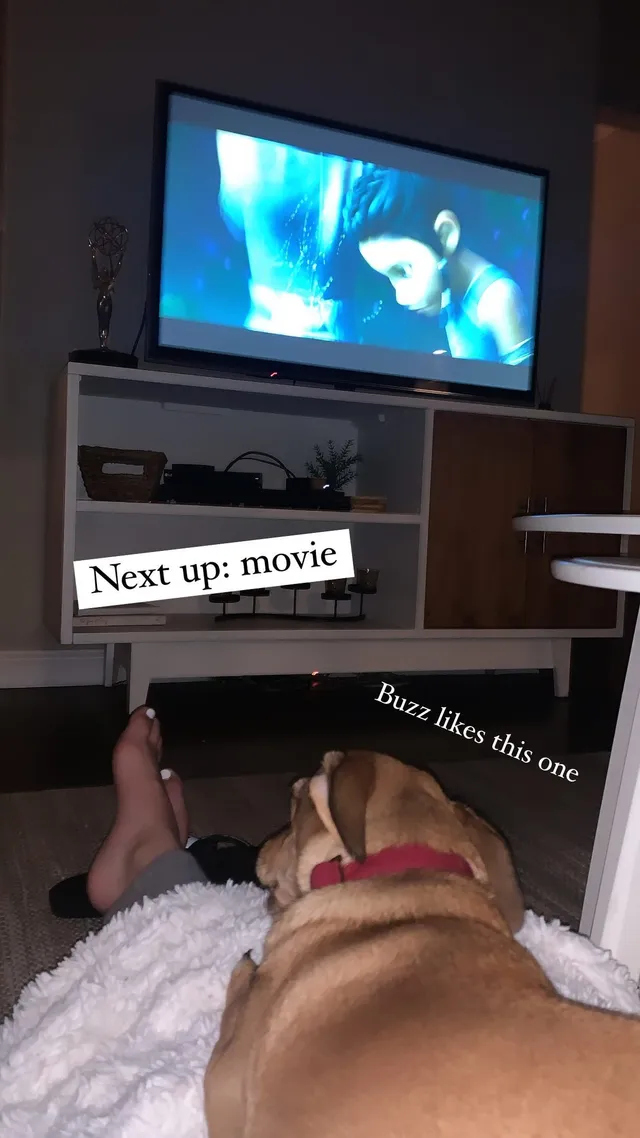 Bailee Madison resting a bare foot beside a dog while watching television.