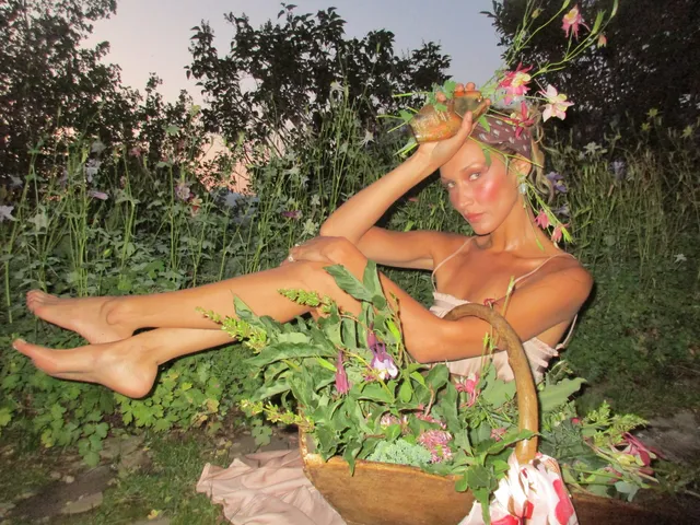 Bella Hadid sitting barefoot outdoors beside flowering plants.