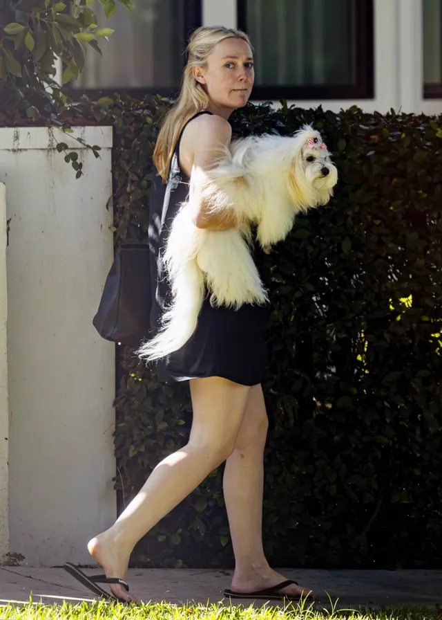 Dakota Fanning walking outdoors in a black dress while carrying a white dog.