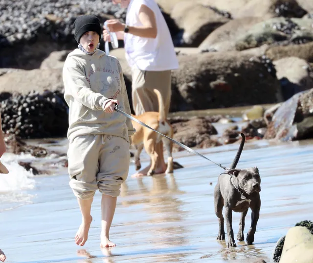 Billie Eilish a barefoot beach photograph beside a dog.