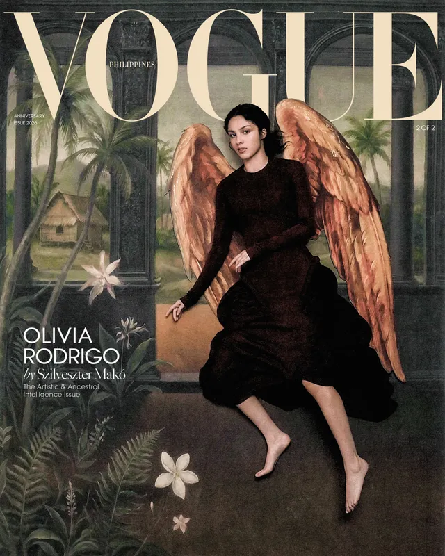 Olivia Rodrigo sitting in front of a painted backdrop with wings.