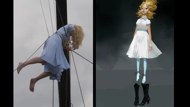 Ella Purnell appearing in a split image of a floating screen character.