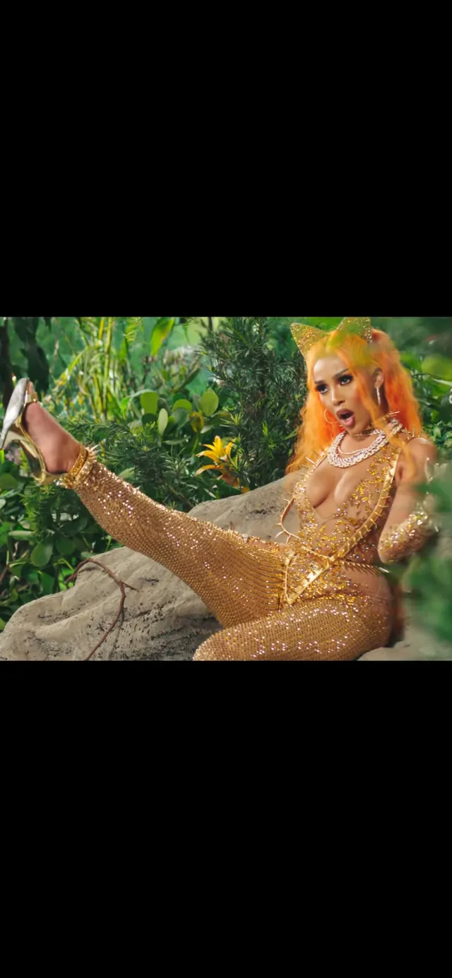 Doja Cat reclining outdoors in a gold outfit.