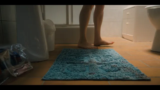 Grace Van Patten shown with one bare foot lifted beside a bath mat.