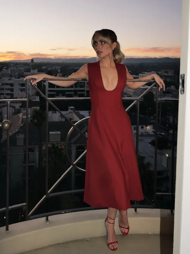 Mckenna Grace posing on a balcony at sunset in a red dress and heels.