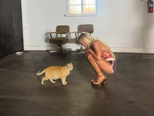 Zara Larsson crouching beside a cat while wearing metallic heels.