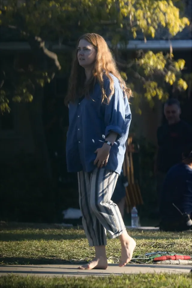 Amy Adams walking outdoors in a blue shirt and striped trousers.