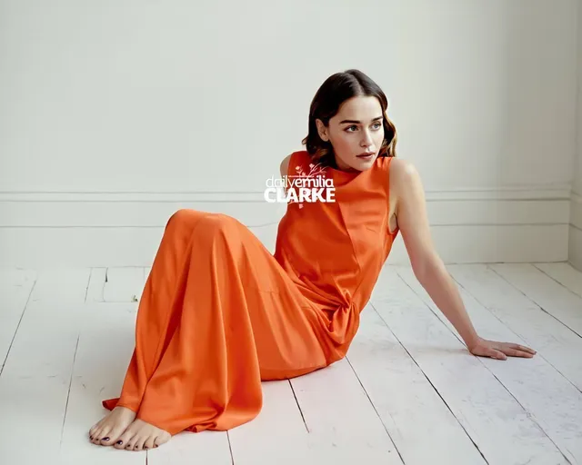 Emilia Clarke sitting barefoot on a wooden floor wearing an orange dress.