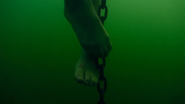 Teresa Palmer a close-up of bare feet during an underwater screen scene.