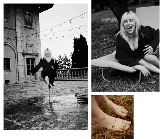 Billie Eilish a collage of monochrome portraits and a close view of her bare feet.