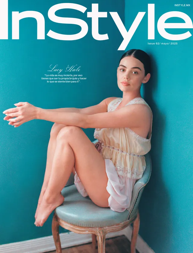 Lucy Hale sitting on a stool for an InStyle cover portrait.