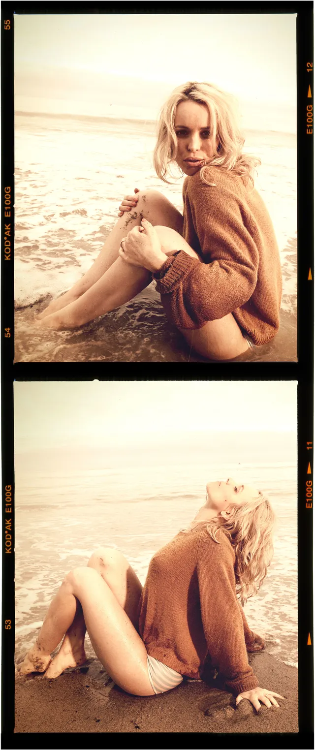 Rachel McAdams appearing in two barefoot beach portraits in a diptych.