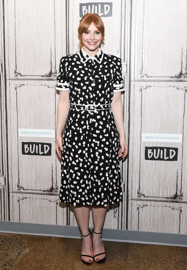 Bryce Dallas Howard posing against an interview backdrop in a patterned dress.