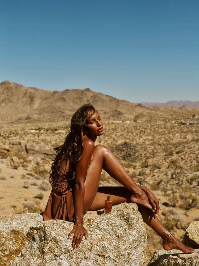Jasmine Tookes sitting barefoot on a desert rock in a brown dress.