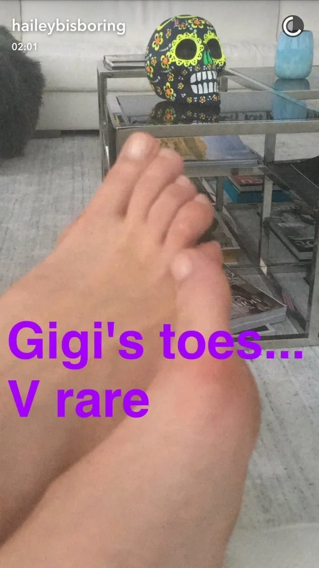 Gigi Hadid a close detail of a bare foot in a casual photo.