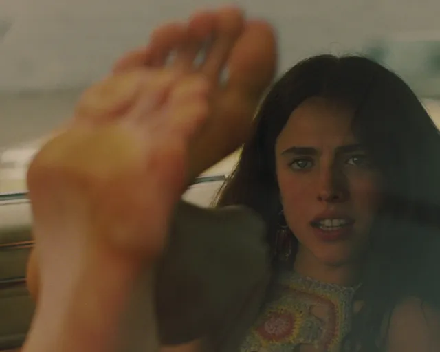 Margaret Qualley a car screen portrait with a bare sole raised.