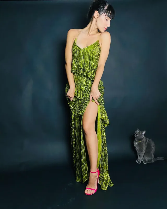 María Gabriela de Faría wearing a green dress and pink heels in a studio.